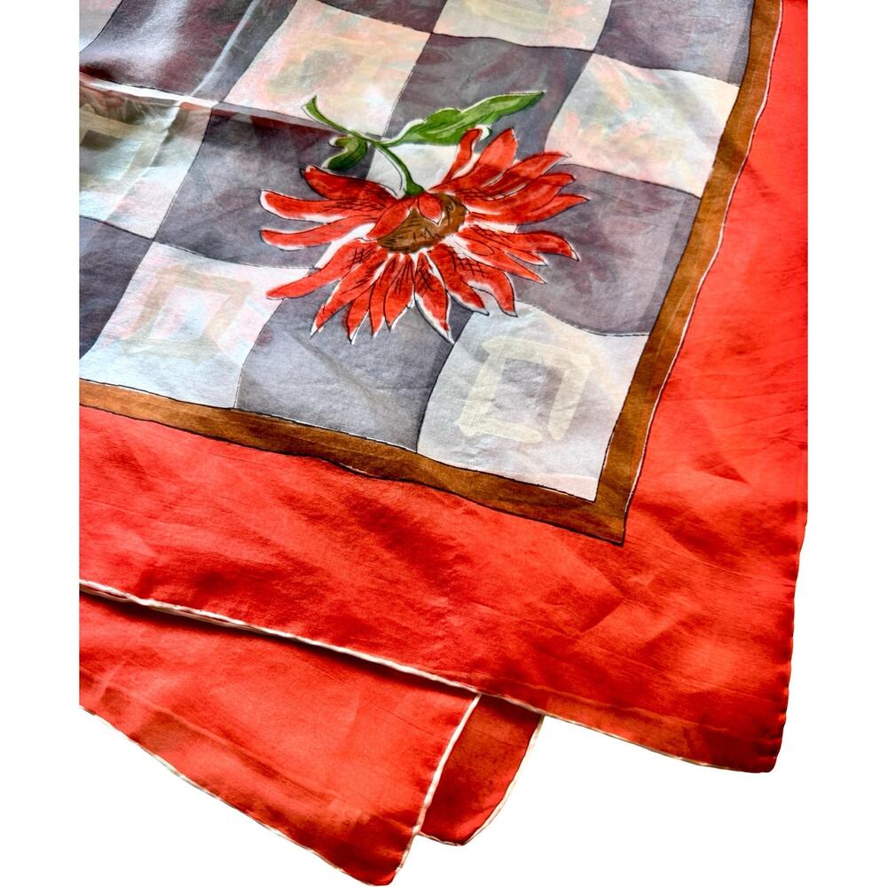 Vintage Pure Silk Hand Rolled Scarf Red Gerbera Daisy Harlequin Print 35" - Picture 11 of 11